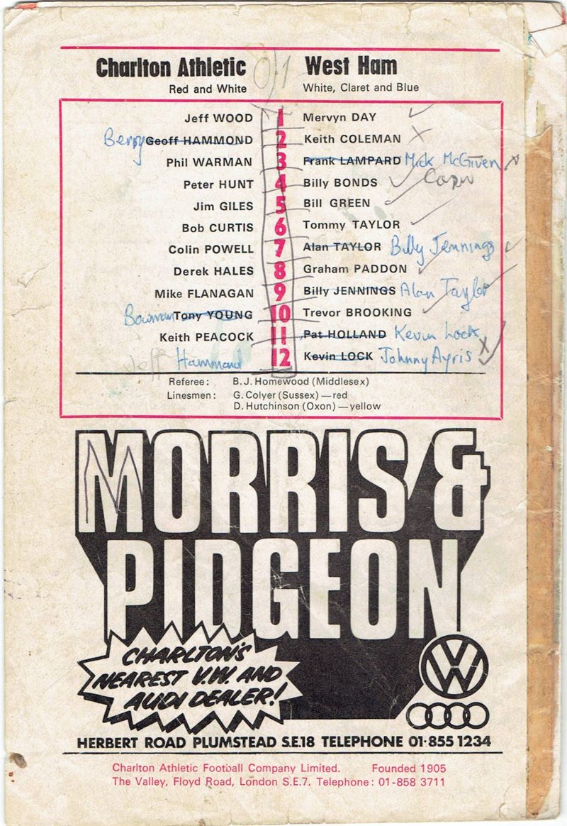 Back page of the 1976 Charlton v West Ham programme with the team line-ups corrected by hand in blue biro